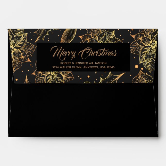 Gold Floral on Black Christmas Holiday Envelope (Back (Top Flap))