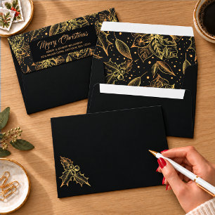 Gold Floral on Black Christmas Holiday Envelope