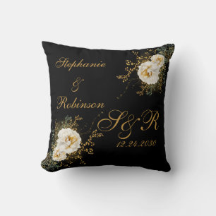 Gold Floral On Black Monogram Logo Wedding Cushion