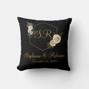 Gold Floral On Black Monogram Logo Wedding Gift Cushion