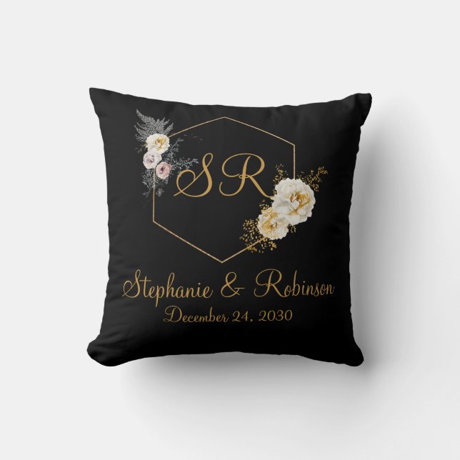 Gold Floral On Black Monogram Logo Wedding Gift Cushion (Front)