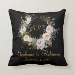 Gold Floral On Black Monogram Logo Wedding Gift  Cushion<br><div class="desc">Gold floral on black monogram logo wedding gift throw pillow. Great gift for newly weds. Easy to customise bride groom names,  initials and wedding date. Get yours today!</div>