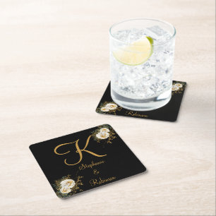 Gold Floral On Black Wedding Gift  Monogram  Square Paper Coaster