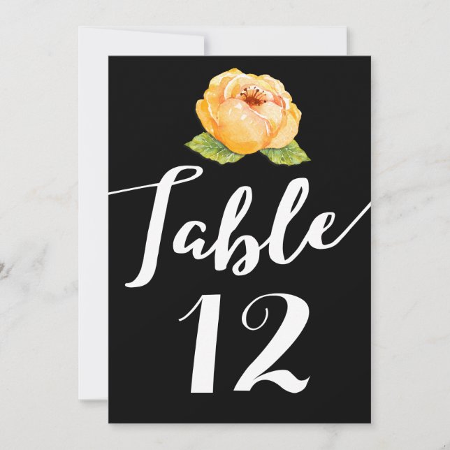 Gold Floral on Black Wedding Table Number Card (Front)