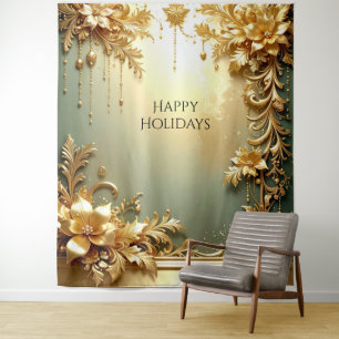 Gold Floral Ornaments Holiday Backdrop Tapestry