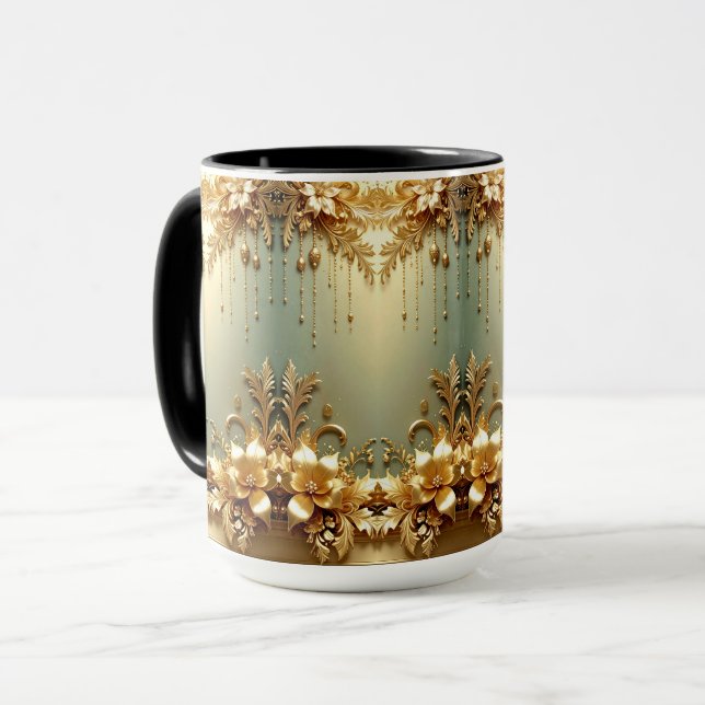 Gold Floral Ornaments Holiday Mug (Front Left)