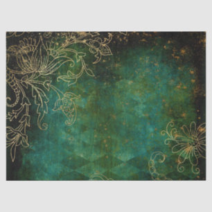 Gold Floral Outlines on Green Decoupage Tissue Paper
