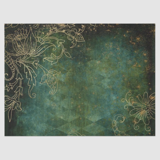 Gold Floral Outlines on Green Decoupage Tissue Paper (Front)