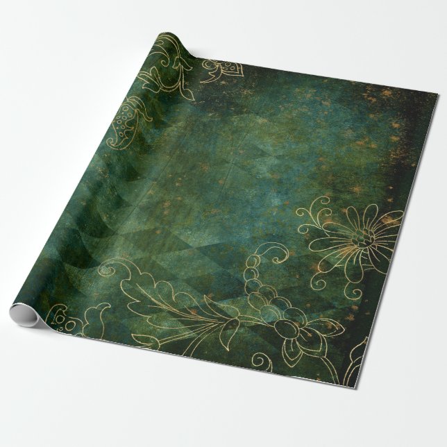 Gold Floral Outlines on Green Wrapping Paper (Unrolled)