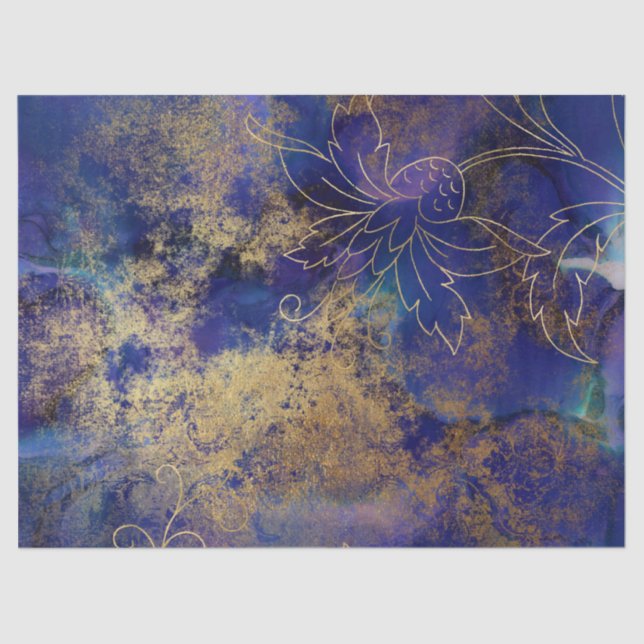 Gold Floral Outlines on Purple Decoupage Tissue Paper (Front)