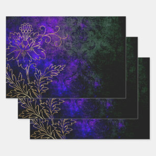 Gold Floral Outlines on Purple Green Wrapping Paper Sheet