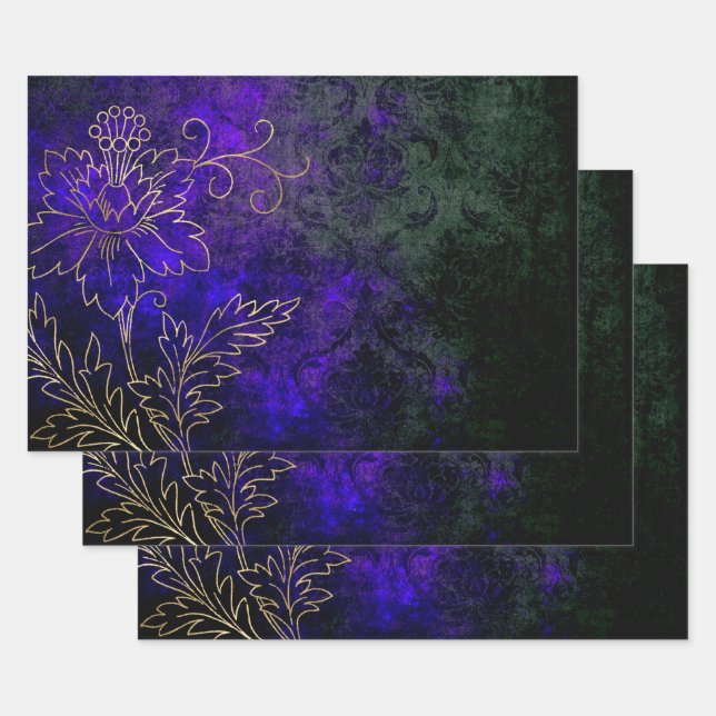 Gold Floral Outlines on Purple Green Wrapping Paper Sheet (Set)