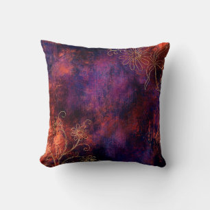 Gold Floral Outlines on Purple Orange Cushion