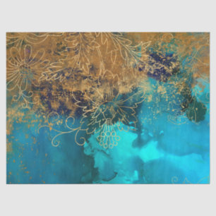 Gold Floral Outlines on Teal Green Decoupage Tissue Paper