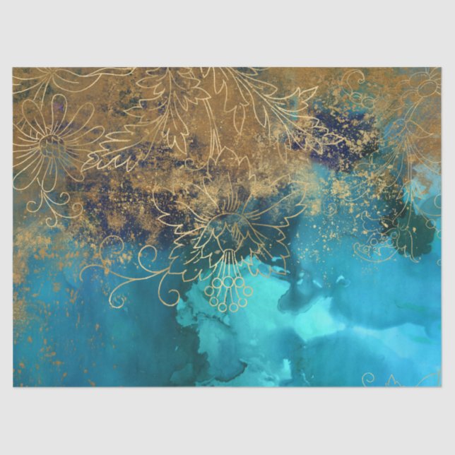 Gold Floral Outlines on Teal Green Decoupage Tissue Paper (Front)