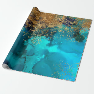 Gold Floral Outlines on Teal Green Wrapping Paper