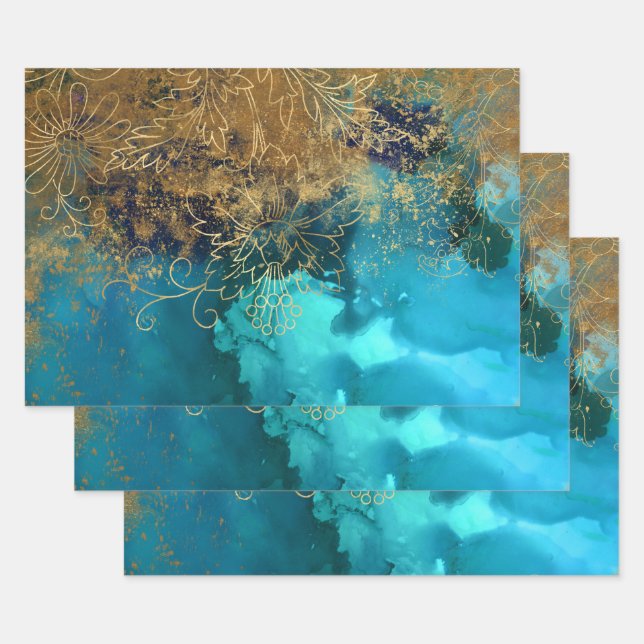 Gold Floral Outlines on Teal Green Wrapping Paper Sheet (Set)