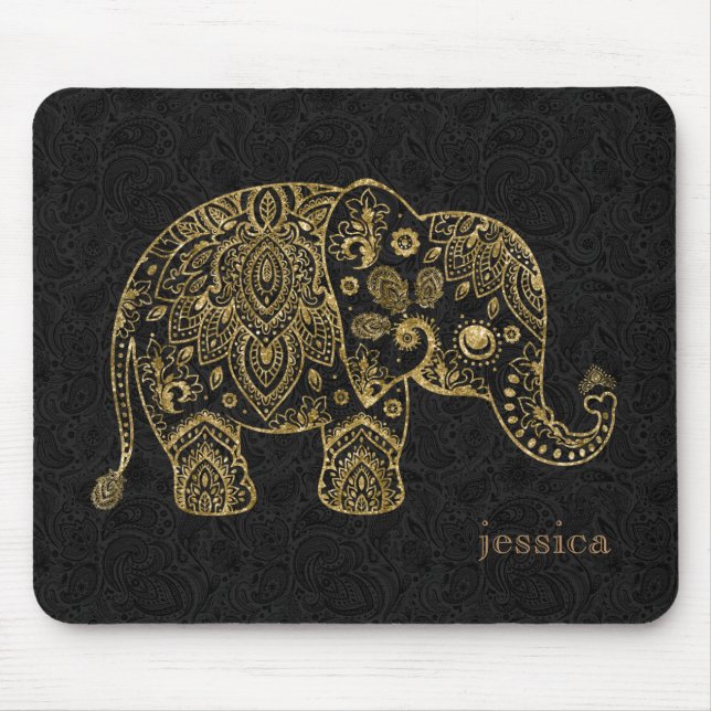 Gold Floral paisley Elephant Illustration Mouse Mat (Front)