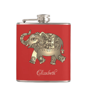 Gold Floral Paisley Elephant,Red- Personalised Hip Flask