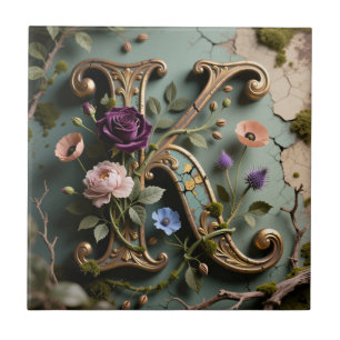 Gold Floral Patina Letter K Monogram Tile