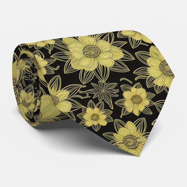 Gold Floral Pattern Neck Tie (Rolled)