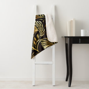 Gold Floral Pattern On Black Sherpa Blanket