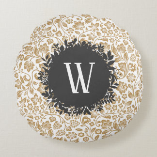 Gold Floral Pattern with Dark Grey Circle Monogram Round Cushion
