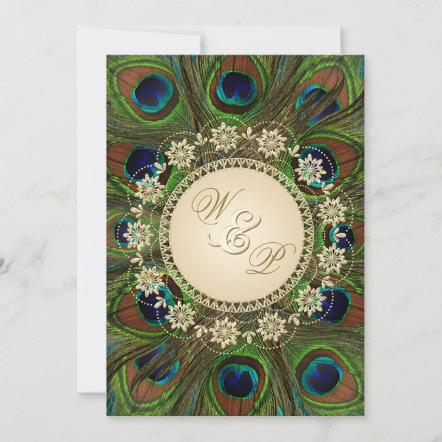 Gold Floral Peacock Feathers Wedding Invitation (Front)