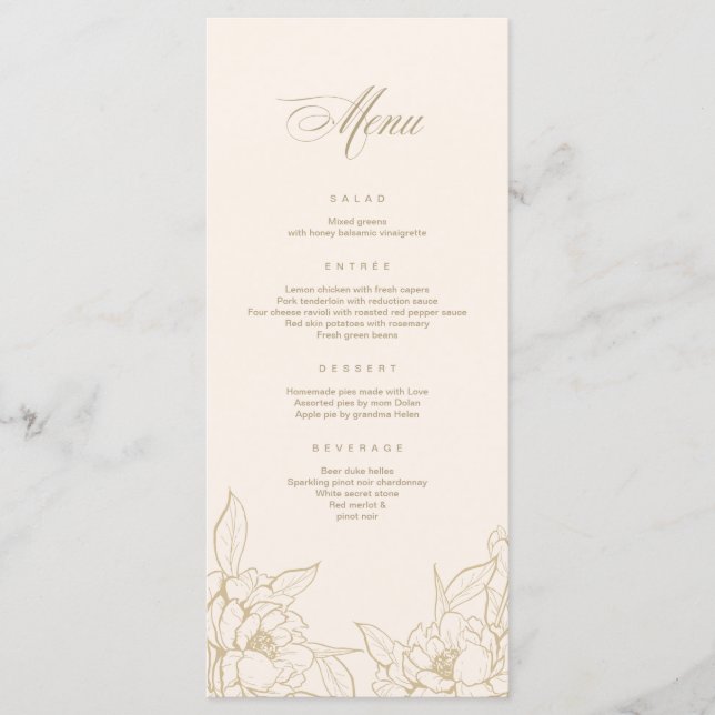 gold floral Peony, Ivory Wedding Menu card (Front)