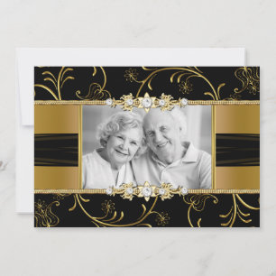 Gold Floral Photo 50th Wedding Anniversary Invite
