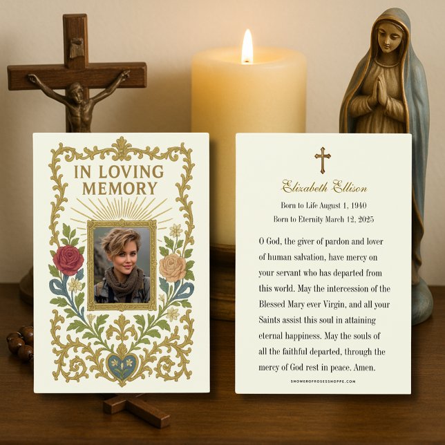 Gold Floral Photo Catholic Funeral Memorial Prayer (Creator Uploaded)