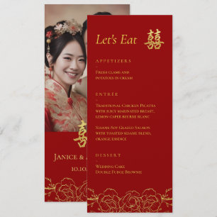 Gold floral photo couple Chinese wedding reception Menu