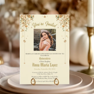 Gold Floral Photo Mis Quince Quinceañera 15th Invitation