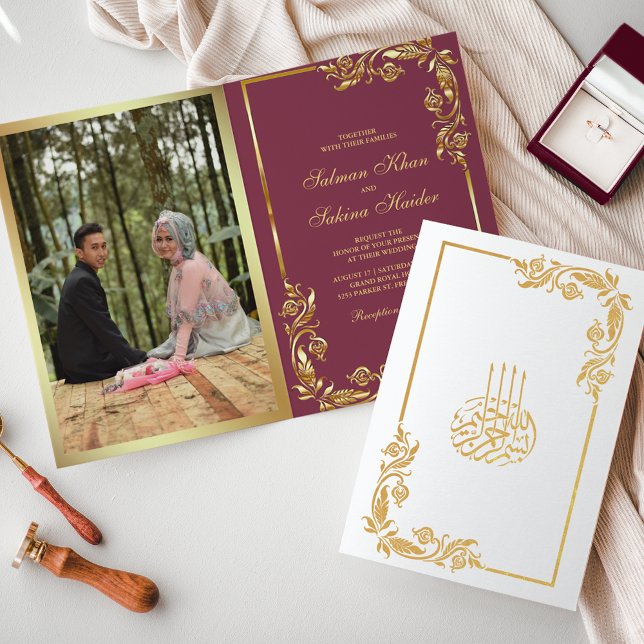 Gold Floral Pink Photo Muslim Wedding Foil Card (Creator Uploaded)