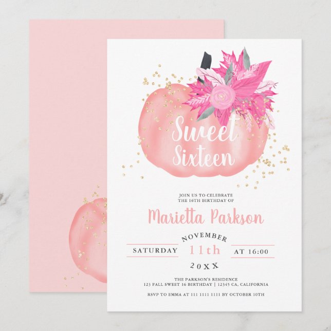 Gold floral pink pumpkin script fall Sweet 16 Invitation (Front/Back)