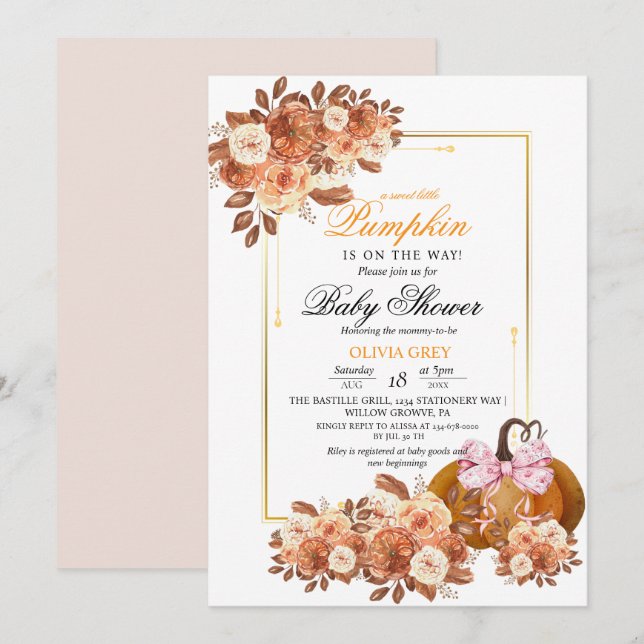  Gold Floral Pumpkin Baby Shower  Invitation (Front/Back)