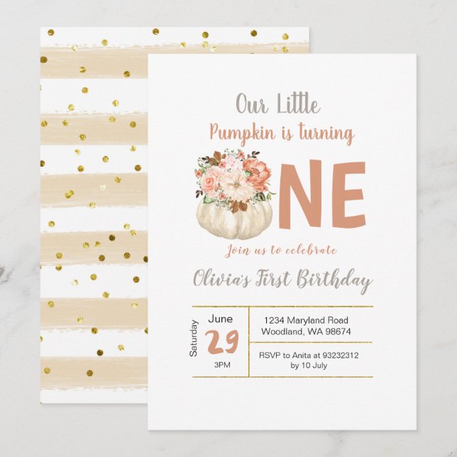 Gold Floral Pumpkin Turning 1 Birthday invitation (Front/Back)