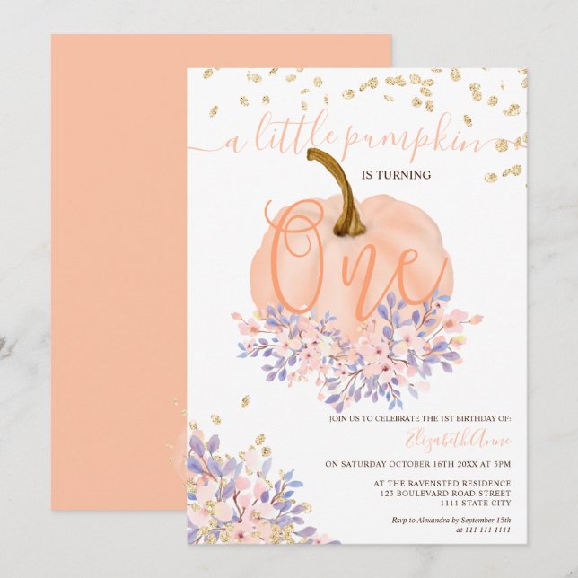 gold floral pumpkin watercolor first birthday invitation (Front/Back)