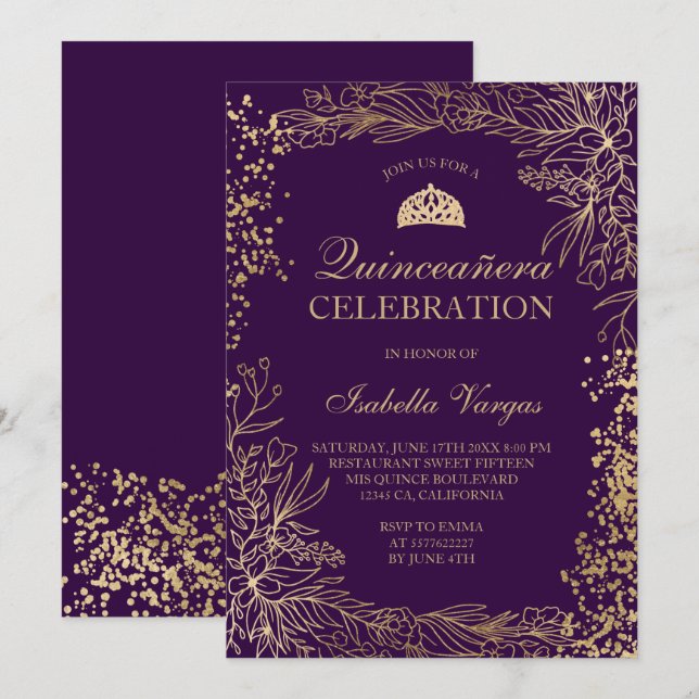 Gold floral purple Tiara chic Quinceañera Invitation (Front/Back)