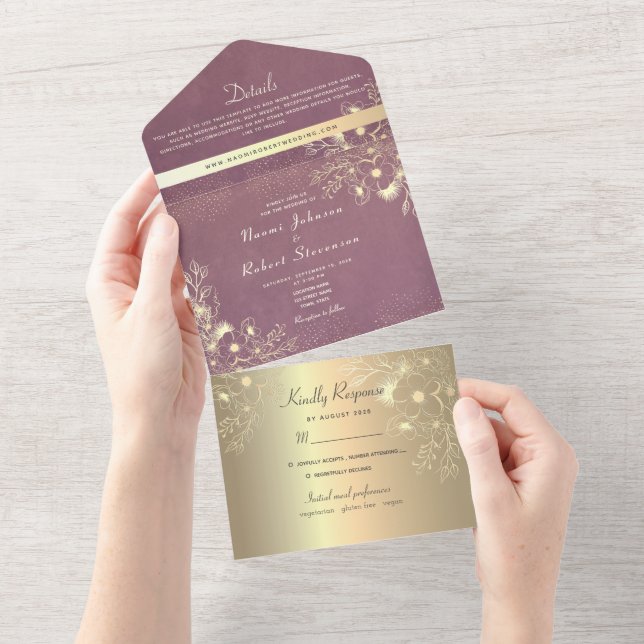 Gold Floral Purple Wedding All In One Invitation (Tearaway)