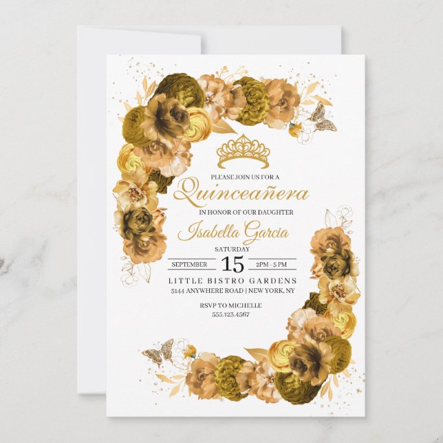 Gold Floral Quinceanera Birthday Invitation (Front)