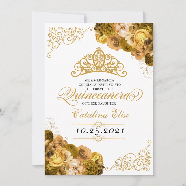 Gold Floral Quinceanera Birthday Invitation (Front)
