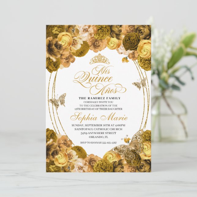 Gold Floral Quinceanera Birthday Invitation (Standing Front)