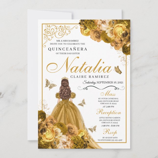 Gold Floral Quinceanera Birthday Invitation (Front)