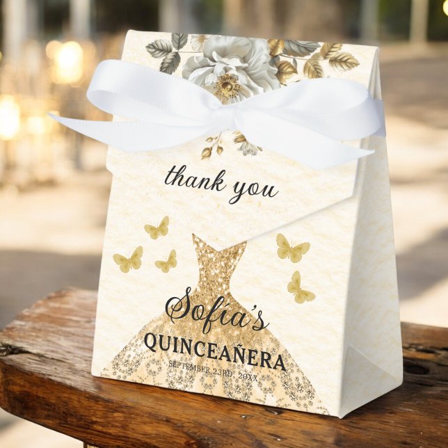 Gold Floral Quinceañera Butterflies Favour Box (Creator Uploaded)