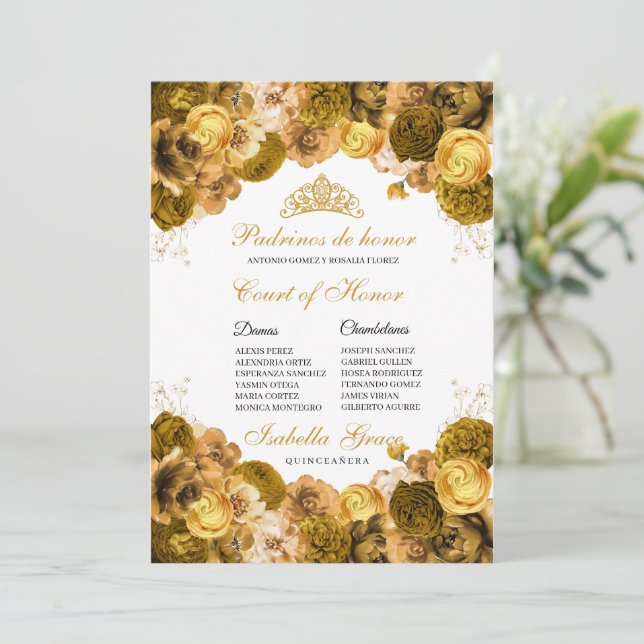 Gold Floral Quinceanera Court of Honour Invitation (Standing Front)