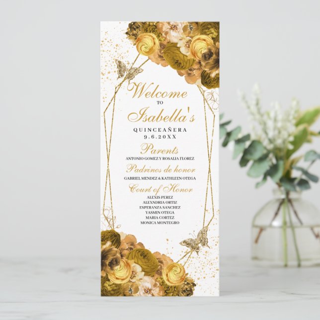 Gold Floral Quinceanera Program Invitation (Standing Front)