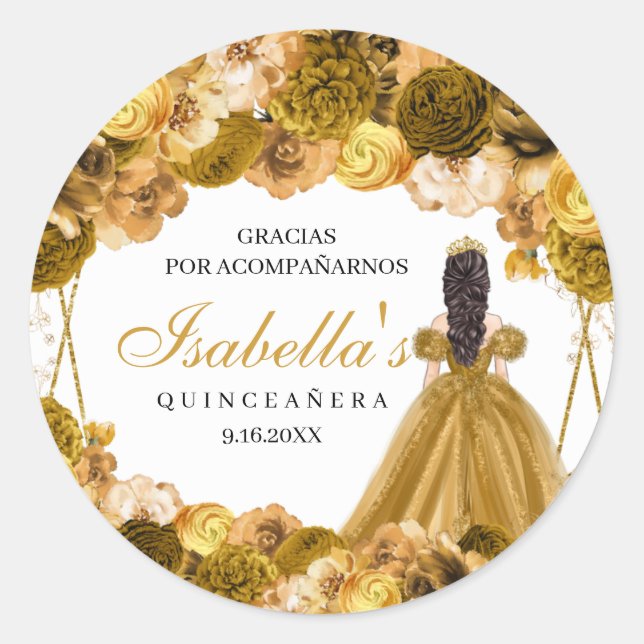 Gold Floral Quinceanera Round Stickers (Front)