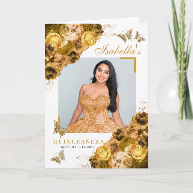 Gold Floral Quinceanera Tiara Butterflies Programme (Front)