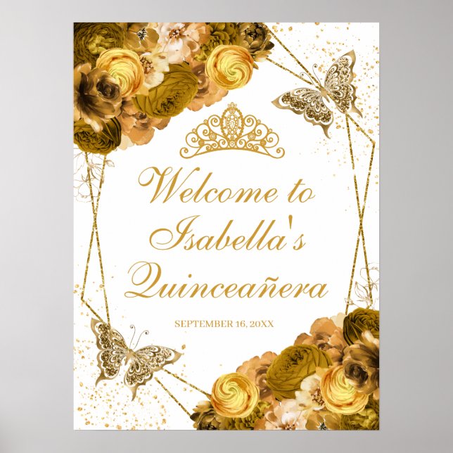 Gold Floral Quinceanera Welcome Sign (Front)